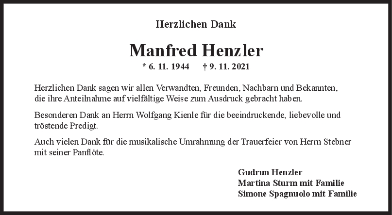 Danksagung Manfred Henzler <br><p style=
