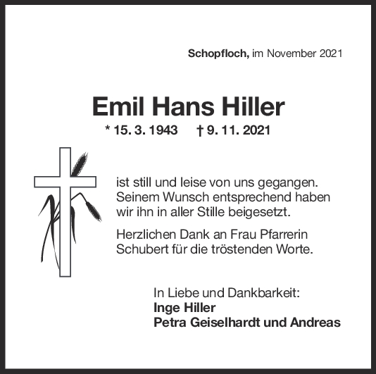 Trauer Emil Hans Hiller <br><p style=