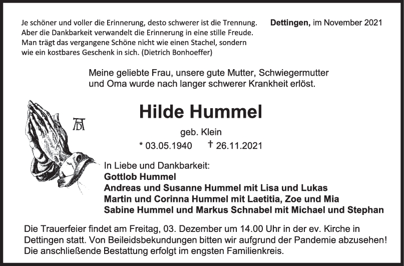 Trauer Hilde Hummel <br><p style=