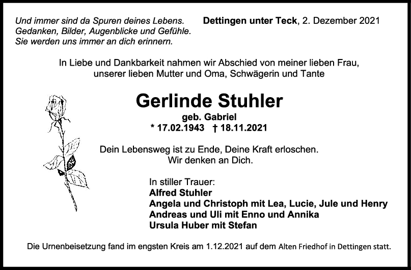 Trauer Gerlinde Stuhler <br><p style=