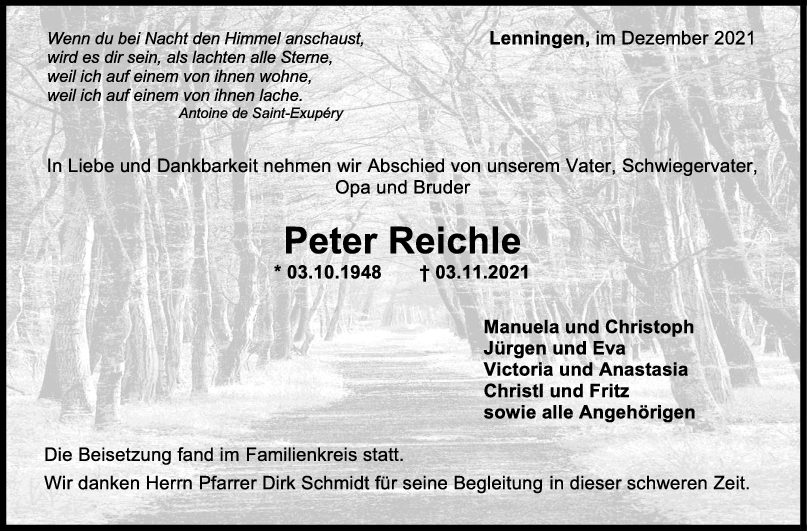 Trauer Peter Reichle <br><p style=