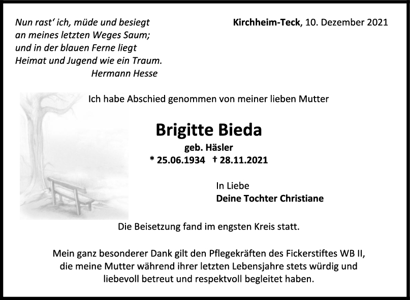 Trauer Brigitte Bieda <br><p style=