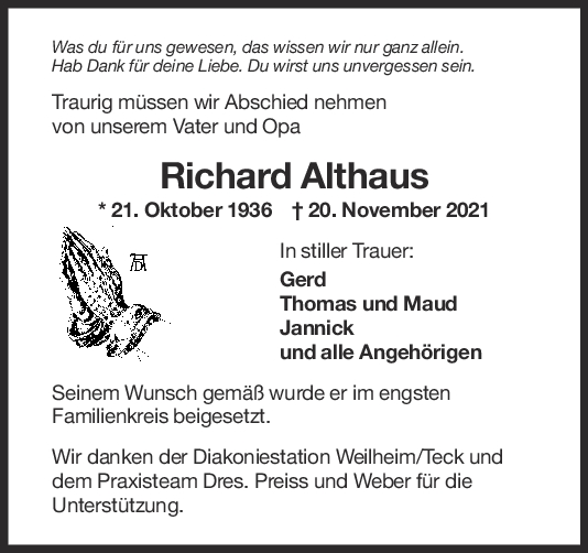 Trauer Richard Althaus <br><p style=