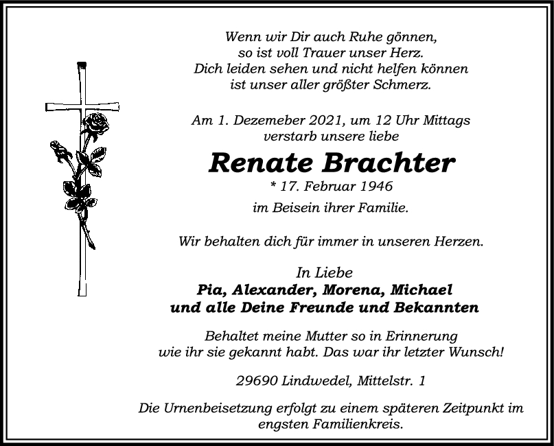 Trauer Renate Brachter <br><p style=