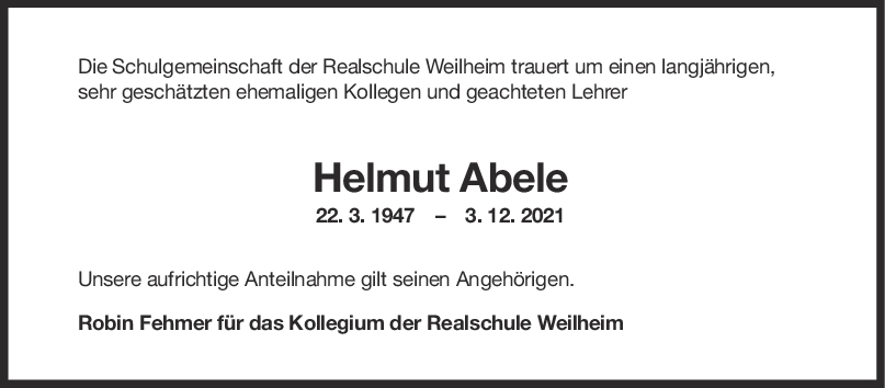 Nachruf Helmut Abele <br><p style=