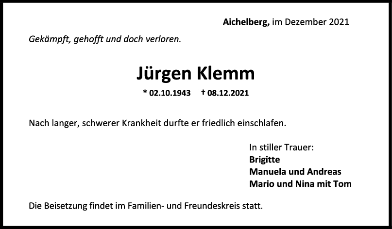 Trauer Jürgen Klemm <br><p style=