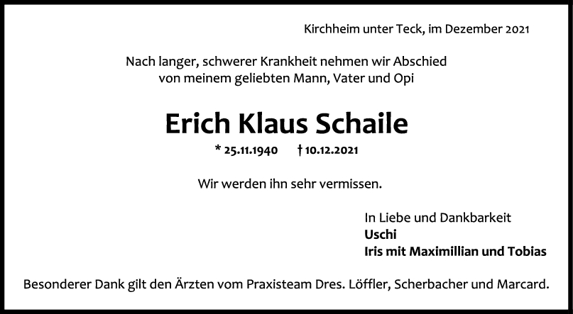 Trauer Erich Klaus Schaile <br><p style=