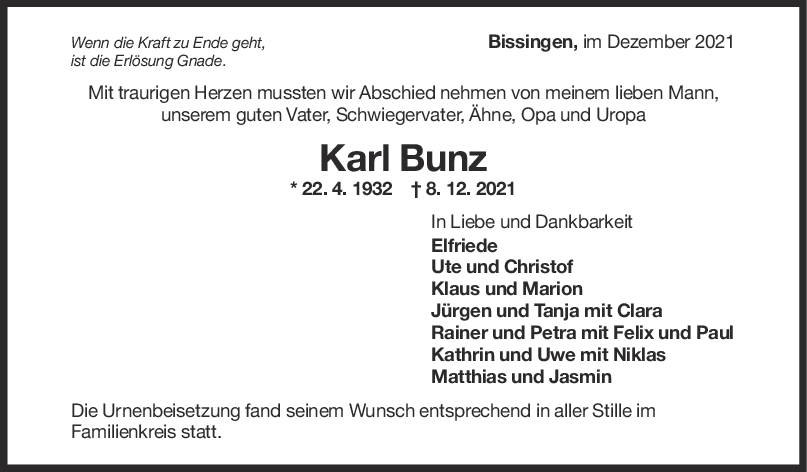 Trauer Karl Bunz <br><p style=