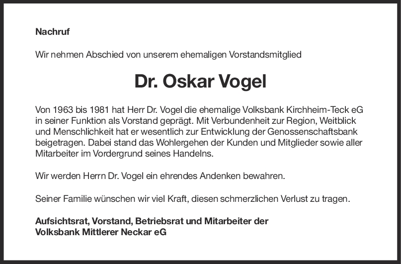 Nachruf Dr. Oskar Vogel <br><p style=