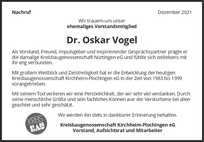 Nachruf Dr. Oskar Vogel <br><p style=