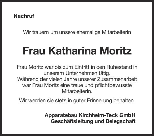 Nachruf Kathatina Moritz <br><p style=