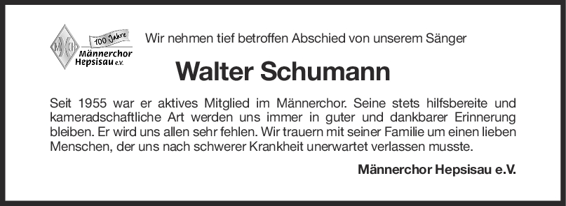Nachruf Werner Schumann <br><p style=