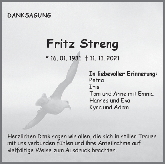 Danksagung Fritz Streng <br><p style=