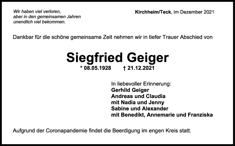 Trauer Siegfried Geiger <br><p style=