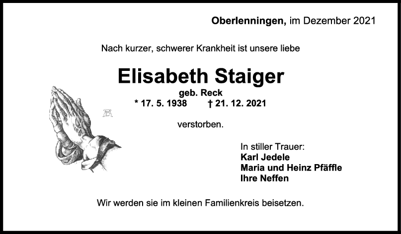 Trauer Elisabeth Staiger <br><p style=