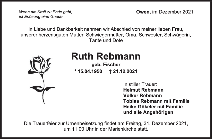 Trauer Ruth Rebmann <br><p style=