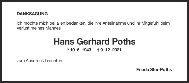 Danksagung Hans Gerhard Emil Poths <br><p style=
