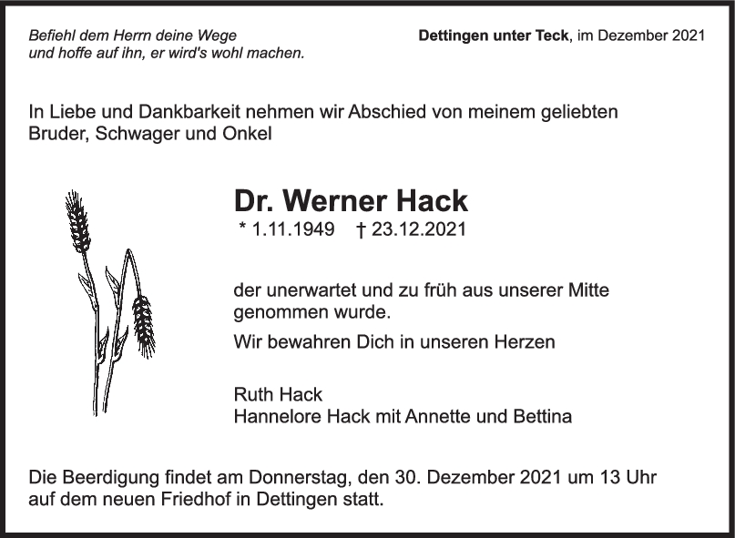 Trauer Dr. Werner Hack <br><p style=