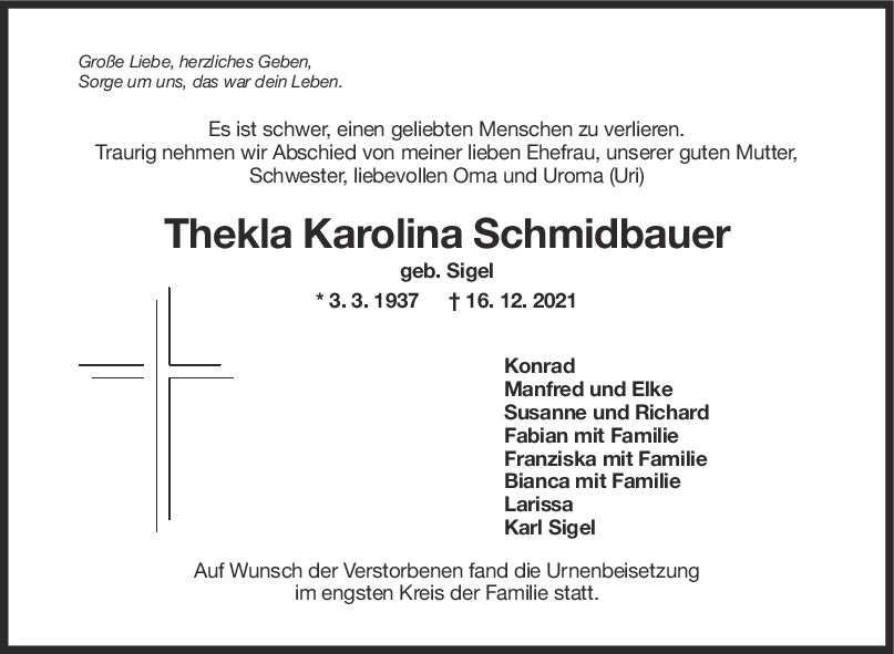 Trauer Thekla Karolina Schmidbauer <br><p style=