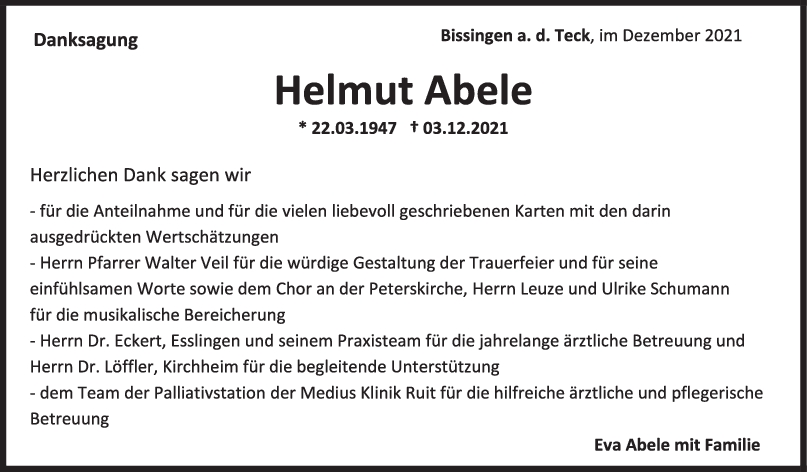 Danksagung Helmut Abele <br><p style=