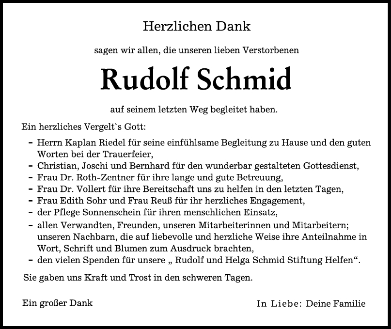 Danksagung Rudolf Schmid <br><p style=