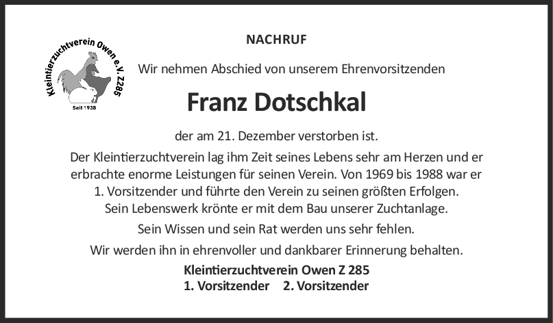 Nachruf Franz Dotschkal <br><p style=