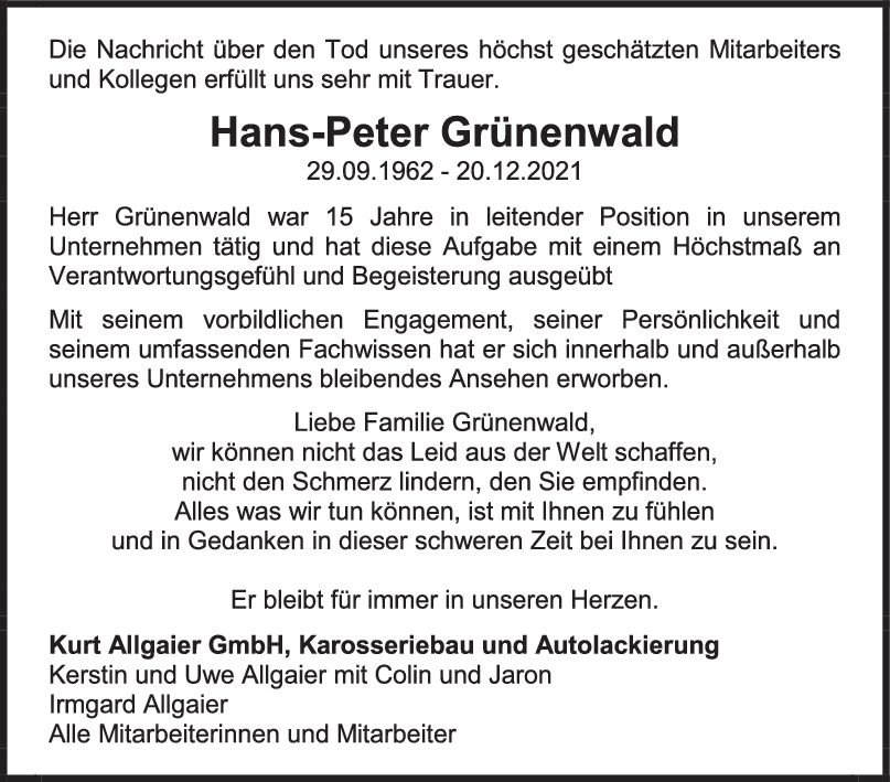 Nachruf Hans-Peter Grünenwald <br><p style=