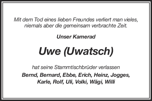 Nachruf Uwe Zimmermann Stammtisch <br><p style=
