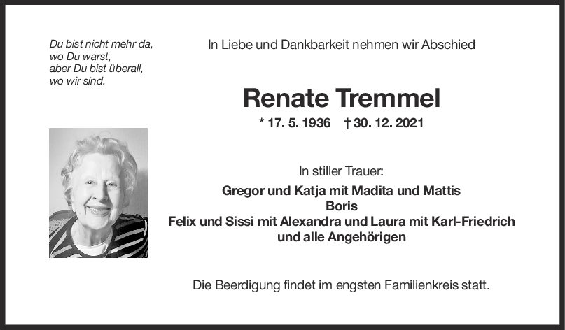 Trauer Renate Tremmel <br><p style=
