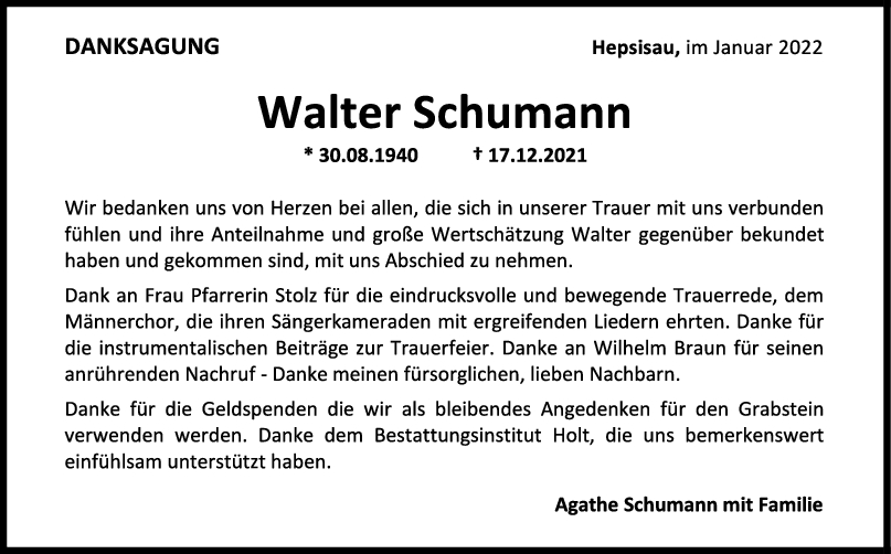Danksagung Walter Schumann <br><p style=