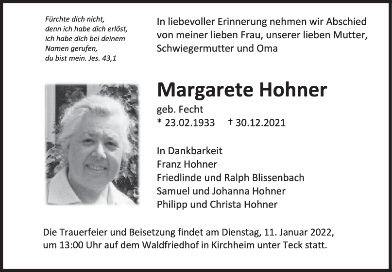Trauer Margarete Hohner <br><p style=