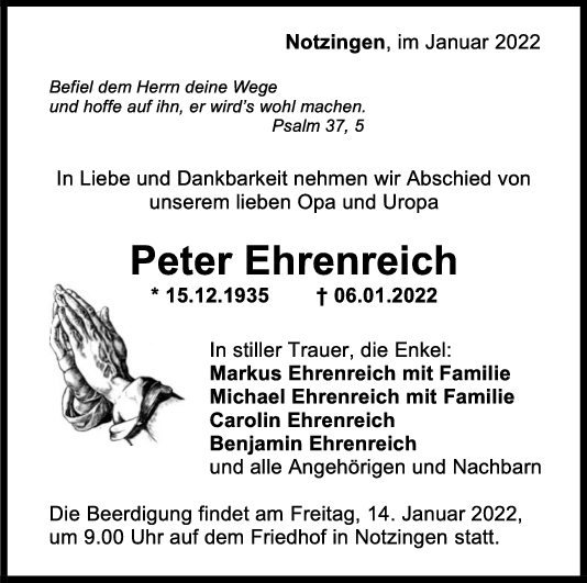 Trauer Peter Ehrenreich <br><p style=