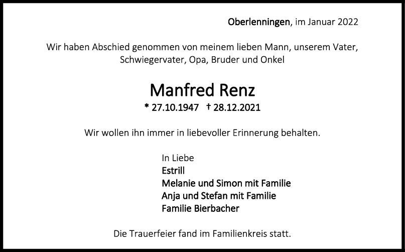 Trauer Manfred Renz <br><p style=