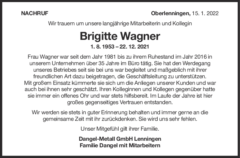 Nachruf Brigitte Wagner <br><p style=