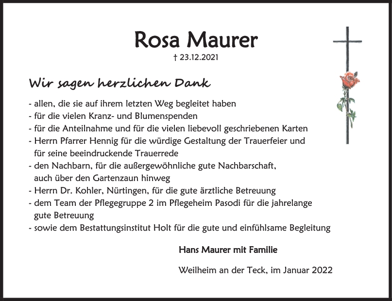 Danksagung Rosa Maurer <br><p style=