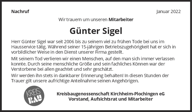 Nachruf Günter Sigel <br><p style=