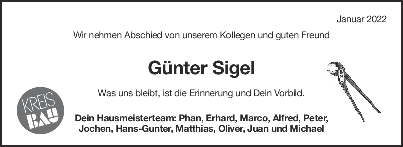 Nachruf Günter Sigel Hausmeisterteam <br><p style=
