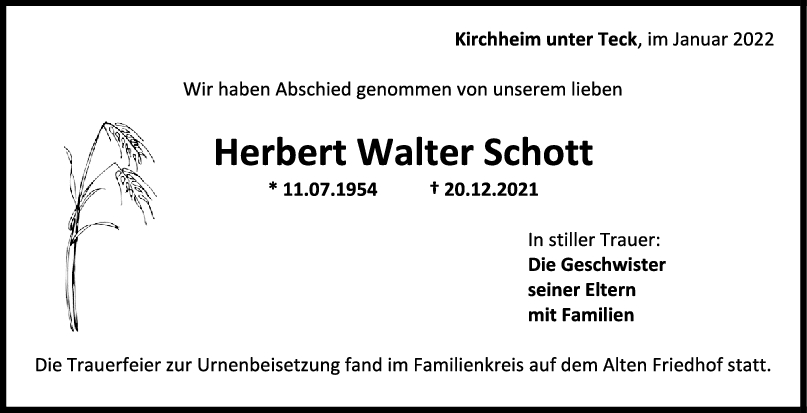 Trauer Herbert Walter Schott <br><p style=