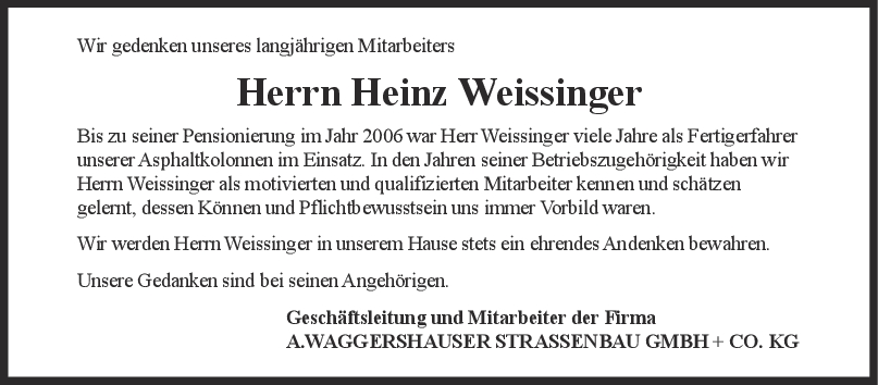 Nachruf Herrn Heinz Weissinger <br><p style=