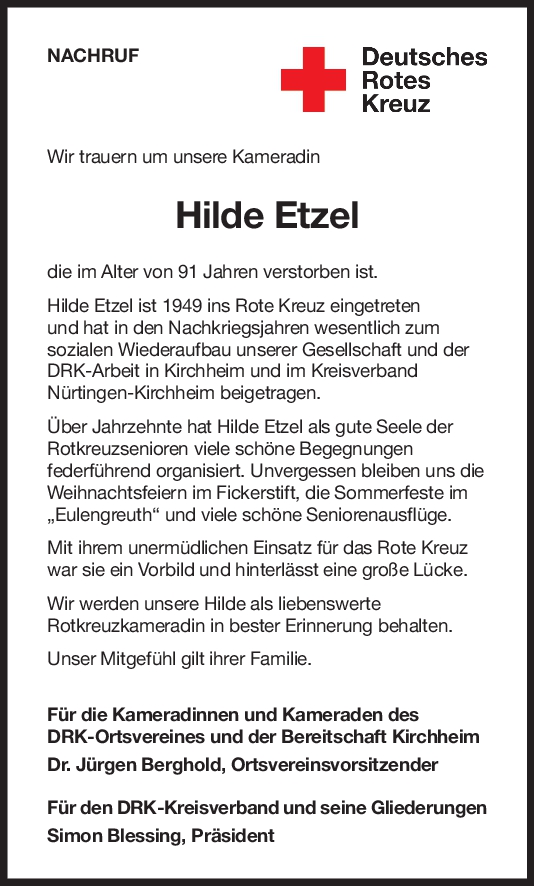 Nachruf Hilde Etzel <br><p style=
