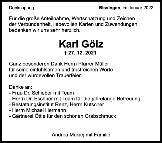 Danksagung Karl Gölz <br><p style=