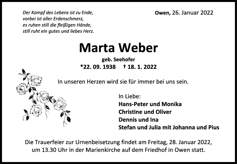 Trauer Marta Weber <br><p style=