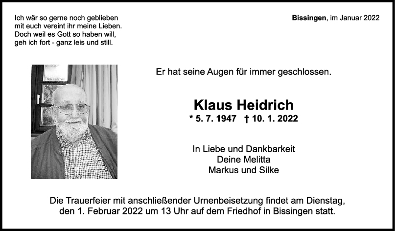 Trauer Klaus Heidrich <br><p style=