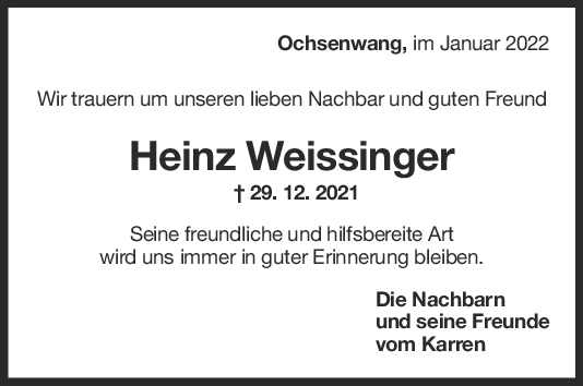 Nachruf Heinz Weissinger <br><p style=