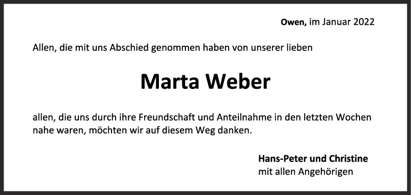 Trauer Martha Weber 05/02/2022