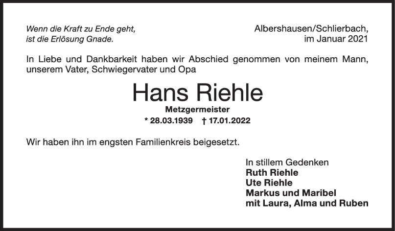 Trauer Hans Riehle <br><p style=