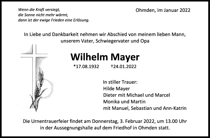 Trauer Wilhelm Mayer <br><p style=