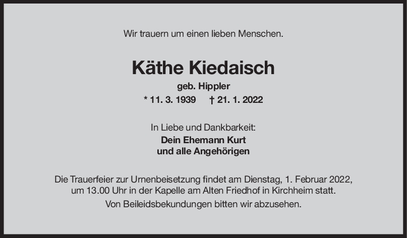 Trauer Käthe Kiedaisch <br><p style=