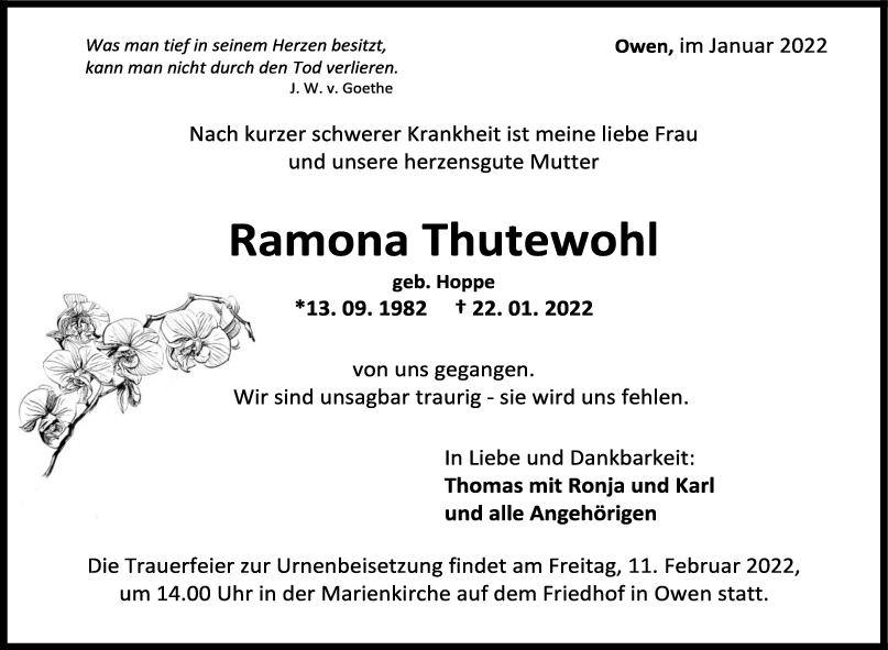 Trauer Ramona Thutewohl 07/02/2022