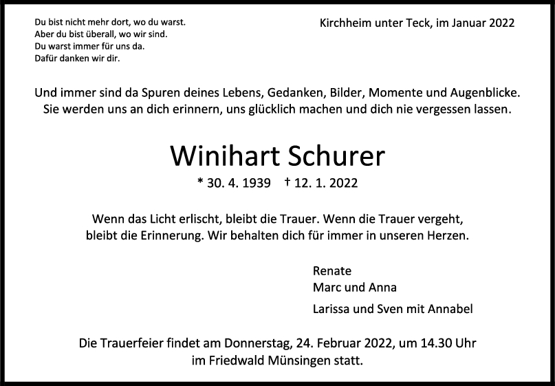 Trauer Winihart Schurer <br><p style=